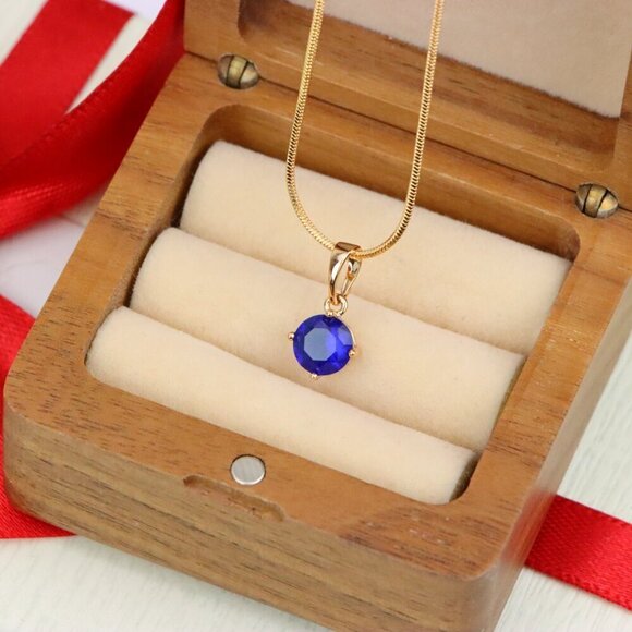 "Round Blue Stone Pendant in Gold Plated Brass – Dainty Everyday Charm, XPPT1758 - Picture 8 of 15